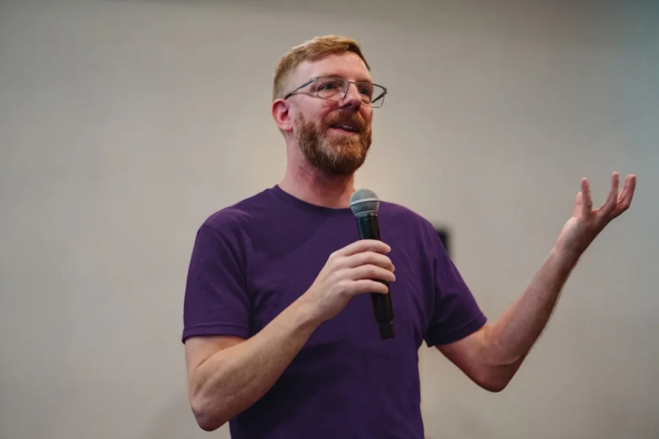 Chris Winfield-Blum presenting a workshop on structured self-reflection