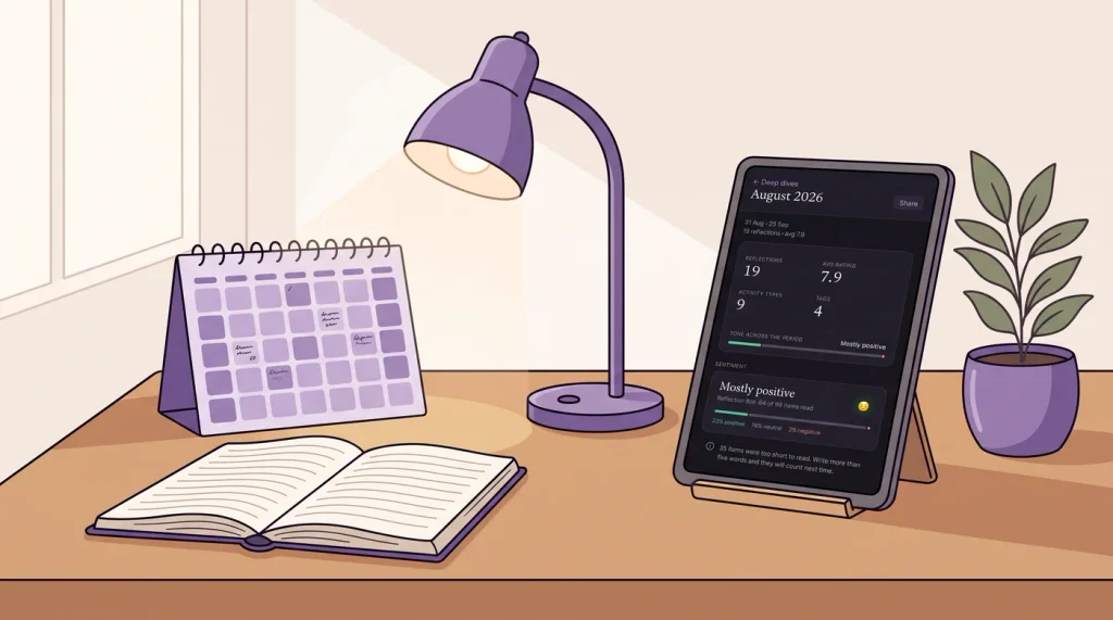Weekly review desk with a deep dive report on the tablet