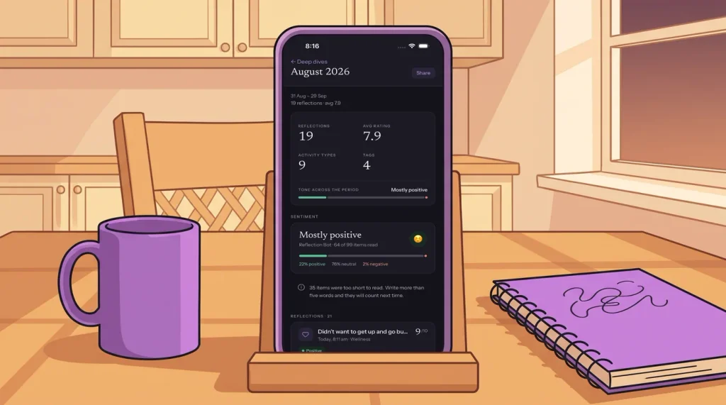 A phone on a stand showing a deep dive for August 2026.