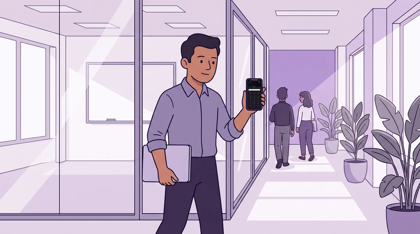 A man pauses in an office corridor after a meeting to rate how it went on his phone.