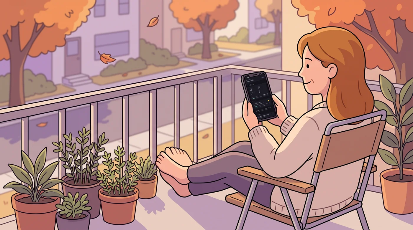 Illustration of a woman on an autumn balcony looking back over a month of journal notes in the My Reflections app on her phone