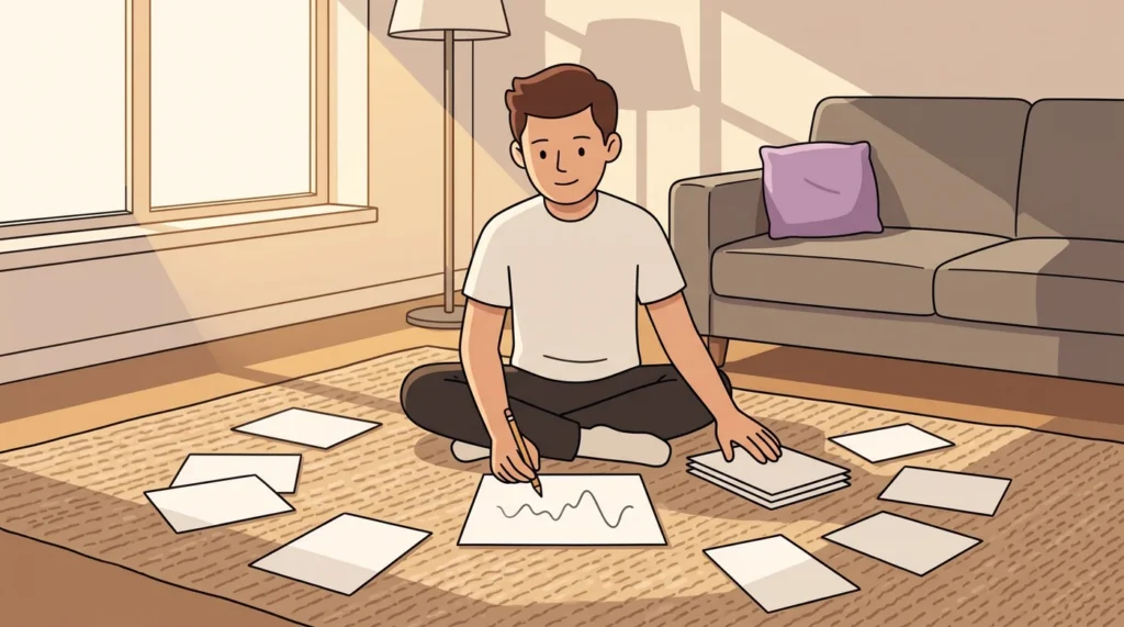 Illustration of a man sitting on a lounge rug sorting a month of loose notes and sketching one rough line of his ratings