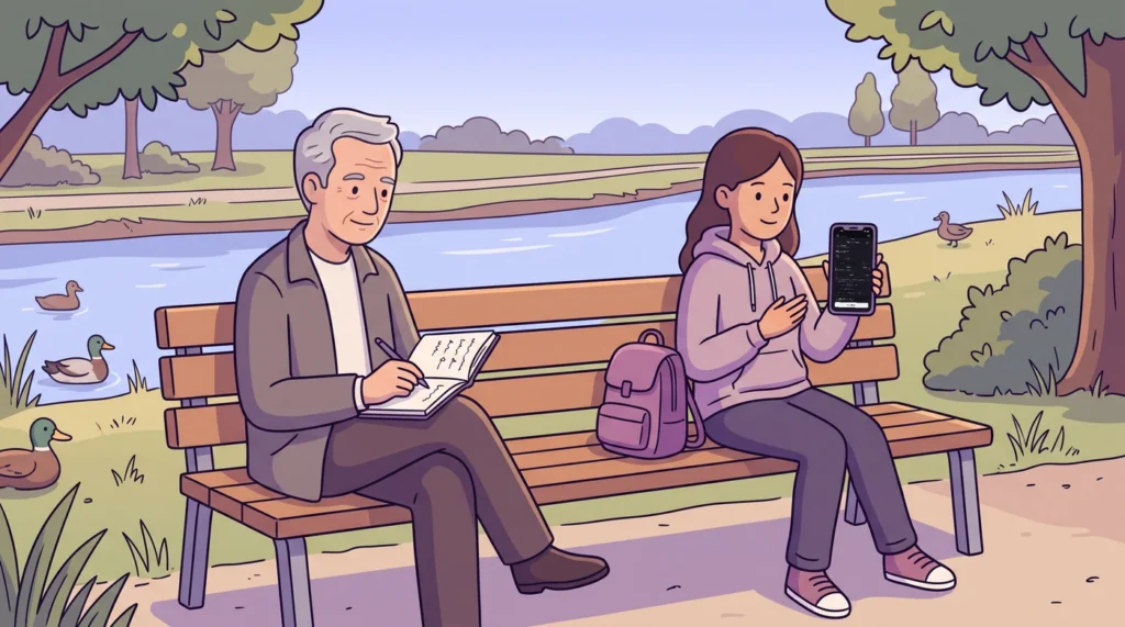 Illustration of an older man writing in a paper notebook and a young woman adding an entry in the My Reflections app on a riverside park bench