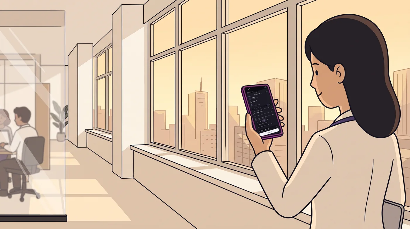 Woman in an office at late afternoon looking at My Reflections on her phone