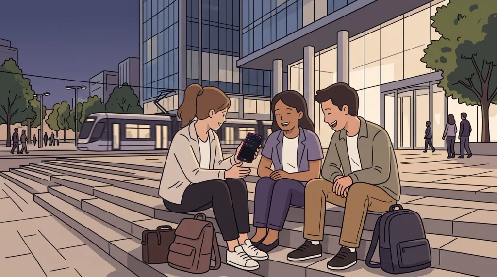 Three colleagues on plaza steps sharing a reflection from a phone