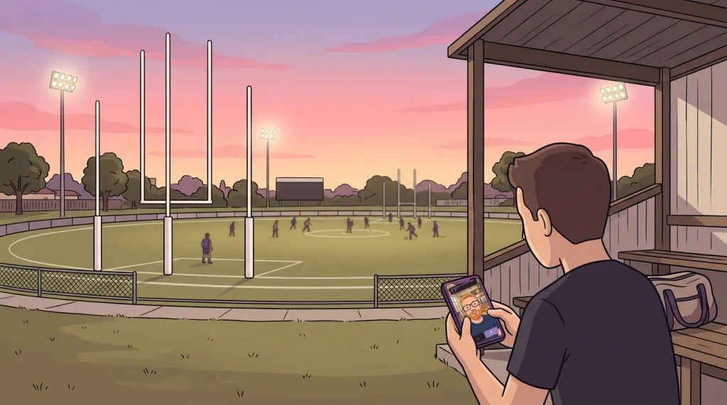 Man at a sports oval watching a video reflection on his phone