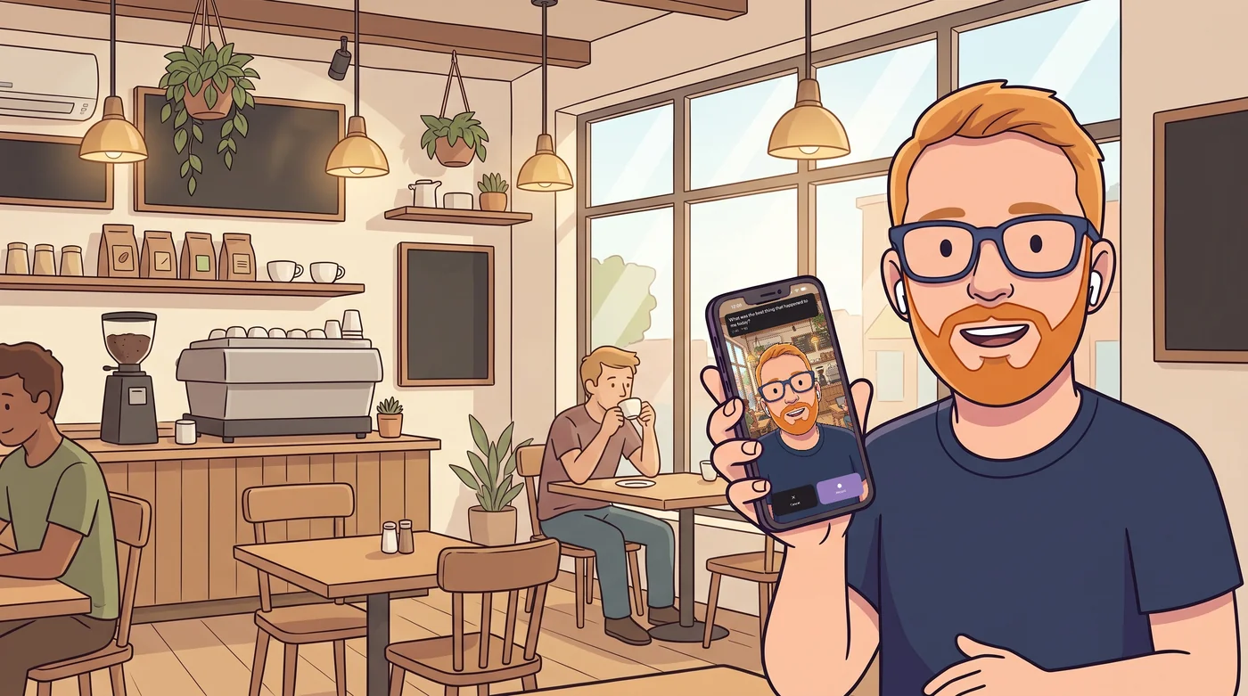Illustrated man with a ginger beard and blue glasses recording a video reflection on his phone in a bright cafe. The phone screen shows the My Reflections video recording interface with a prompt and Cancel and Record buttons.