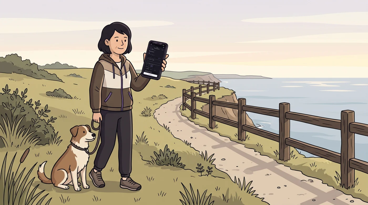 Illustrated adult on a clifftop coastal path at dawn, holding a phone upright with a dog nearby. The phone screen shows the My Reflections New reflection rating screen.