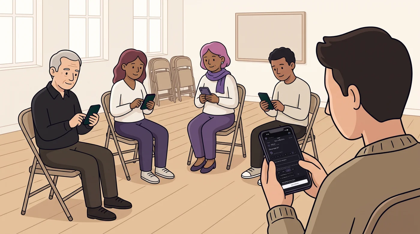 A small group sits in a circle in a community hall, each person quietly writing a reflection on their phone before the discussion