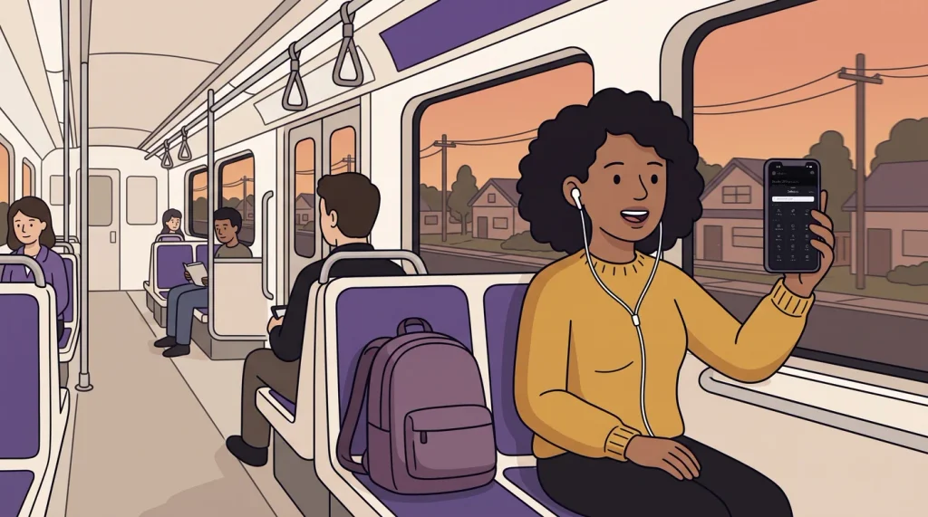 Illustrated woman with dark curly hair in a mustard jumper sitting on a suburban commuter train at dusk, holding her phone upright. The phone screen shows the My Reflections Reflect on menu for starting a check-in.