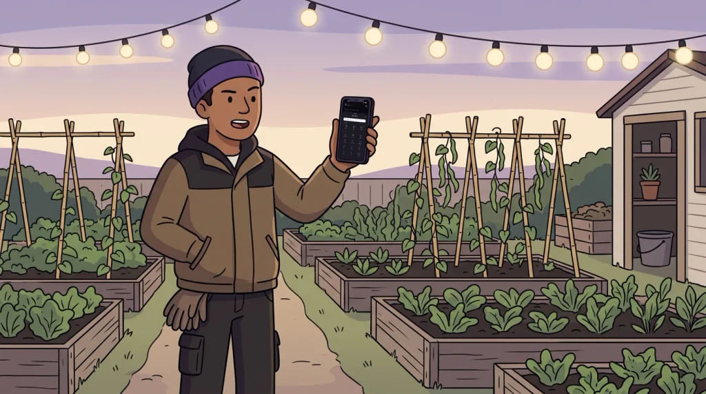 Illustrated adult in a community veggie garden at dusk, holding a phone among raised beds. The phone screen shows the My Reflections Reflect on menu for starting a check-in.
