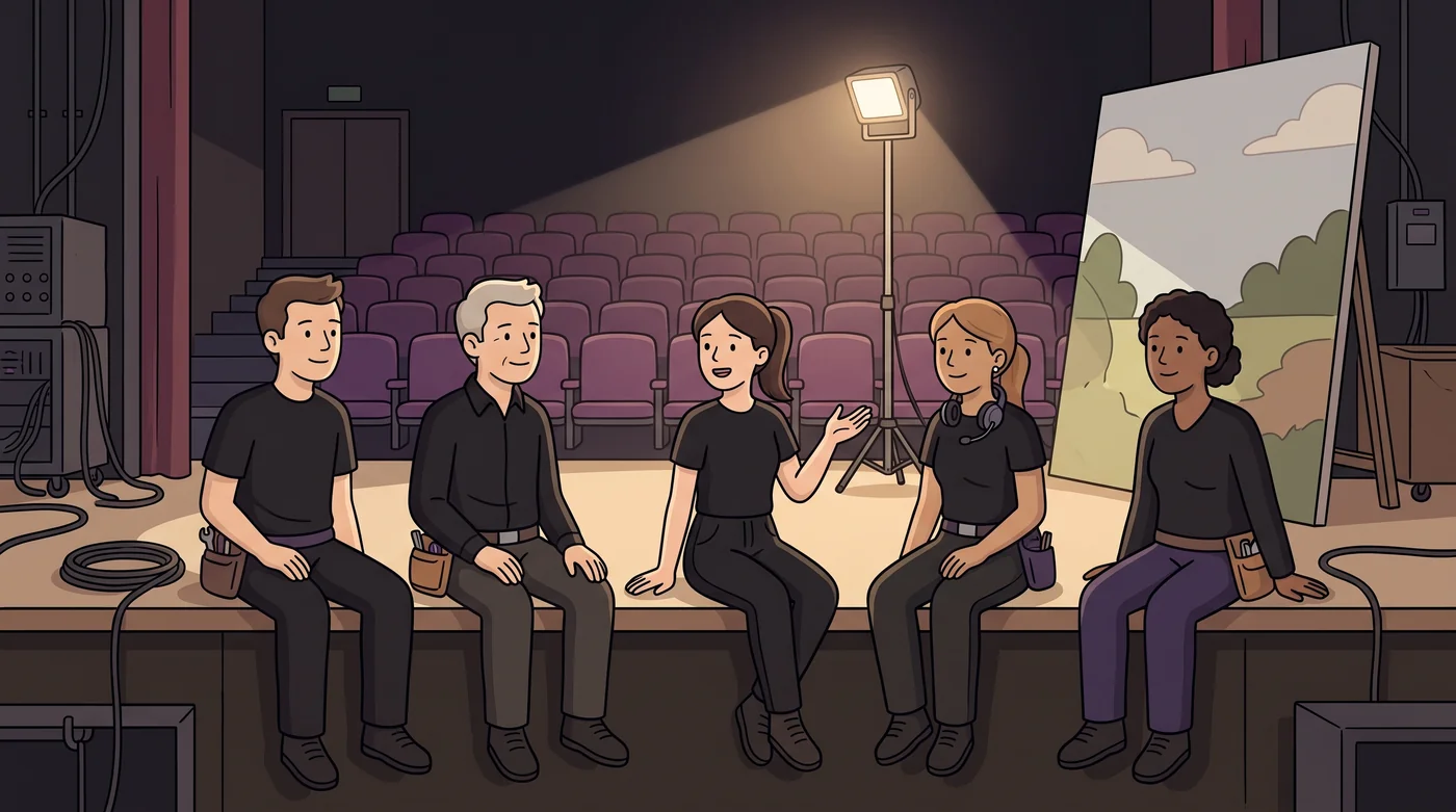Theatre crew sit along the stage edge after a show, listening as one crew member shares what she noticed
