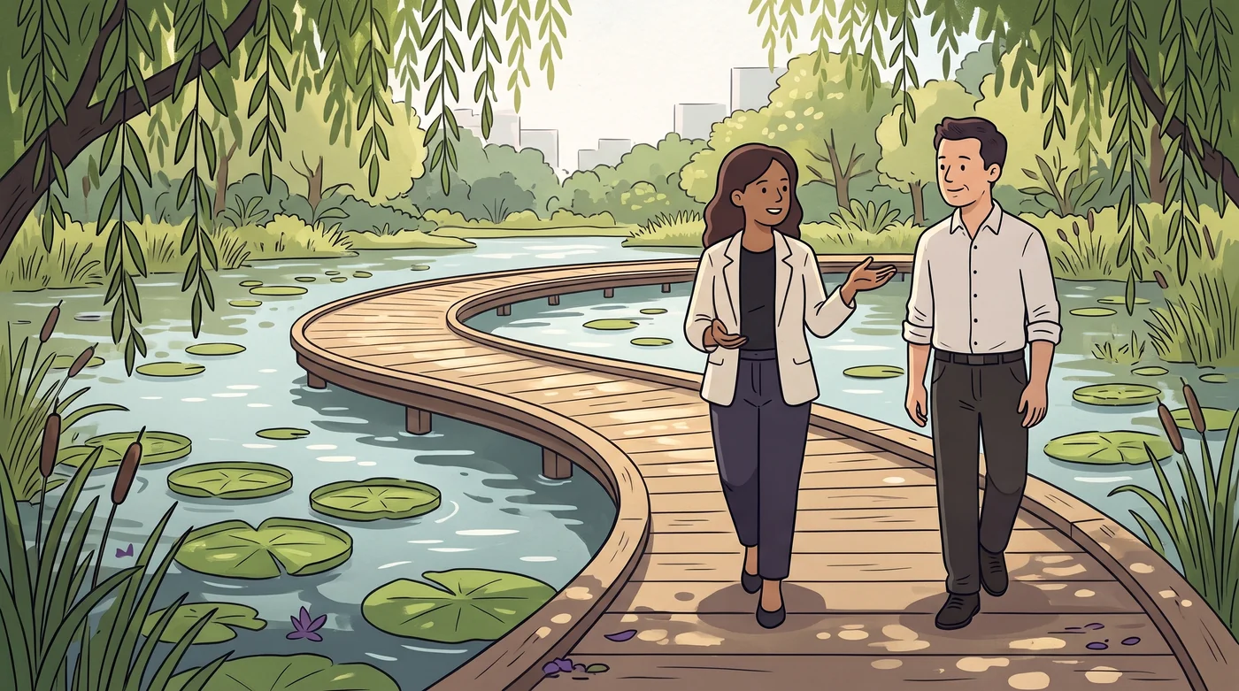 Illustration of two colleagues walking side by side along a botanical garden boardwalk over a lily pond at lunchtime, talking calmly.