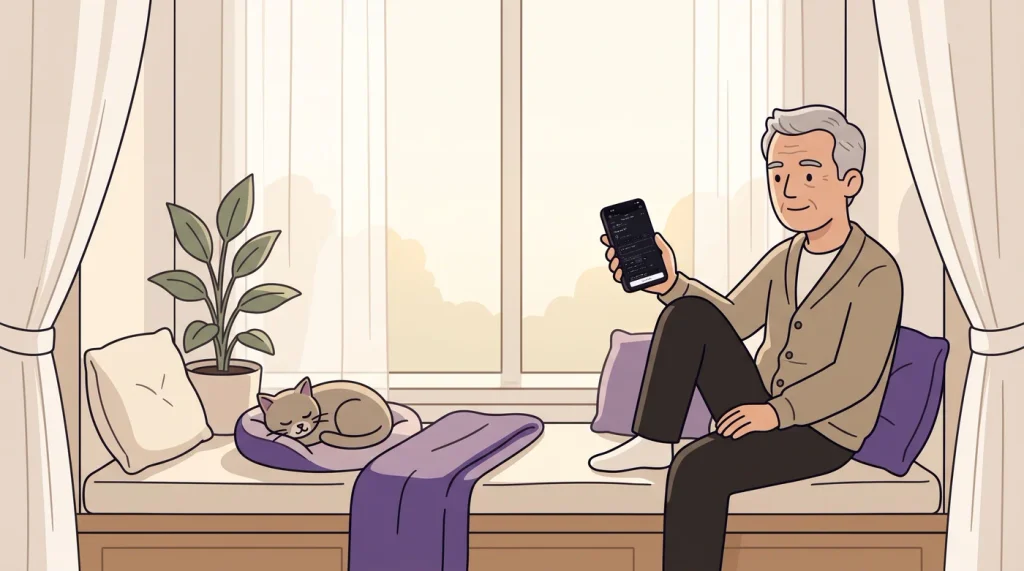 Illustrated older man in a cardigan on a sunlit apartment window seat at first light, with a cat asleep nearby. He holds his phone angled toward the viewer, showing the My Reflections New reflection rating screen.