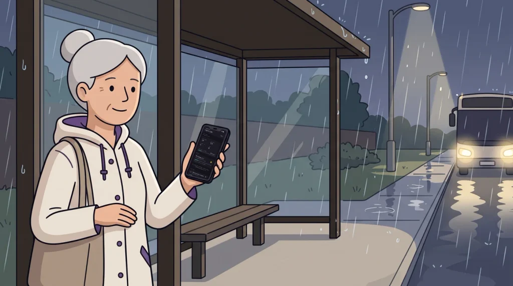 Illustrated adult under a rainy bus shelter in the evening, holding a phone. The phone screen shows the My Reflections deep dives Insights view.