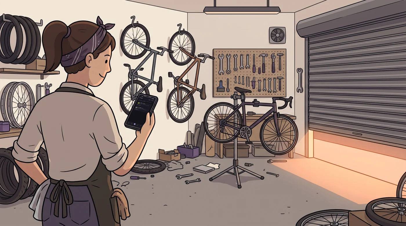 A bike mechanic looks over a My Reflections group on her phone after closing the workshop