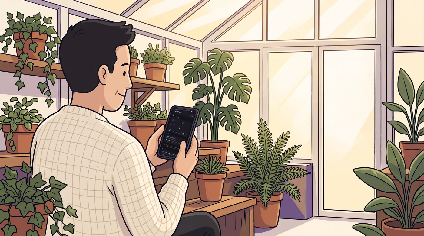 Illustration of a man sitting on a cedar bench in a sunlit home conservatory among potted plants on a Sunday afternoon, reviewing a monthly deep dive on his phone.