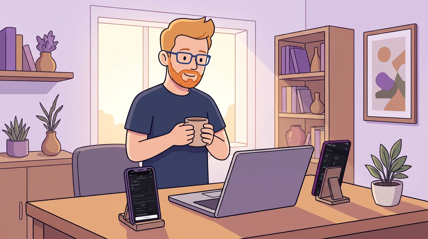 Founder at a desk with My Reflections open on an iPhone and an Android phone