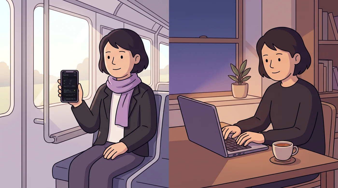 Reflecting on a phone on the train and on a laptop in the evening