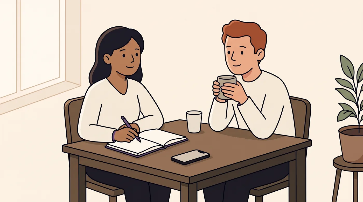 Two people at a kitchen table, one writing in a notebook while the other listens.